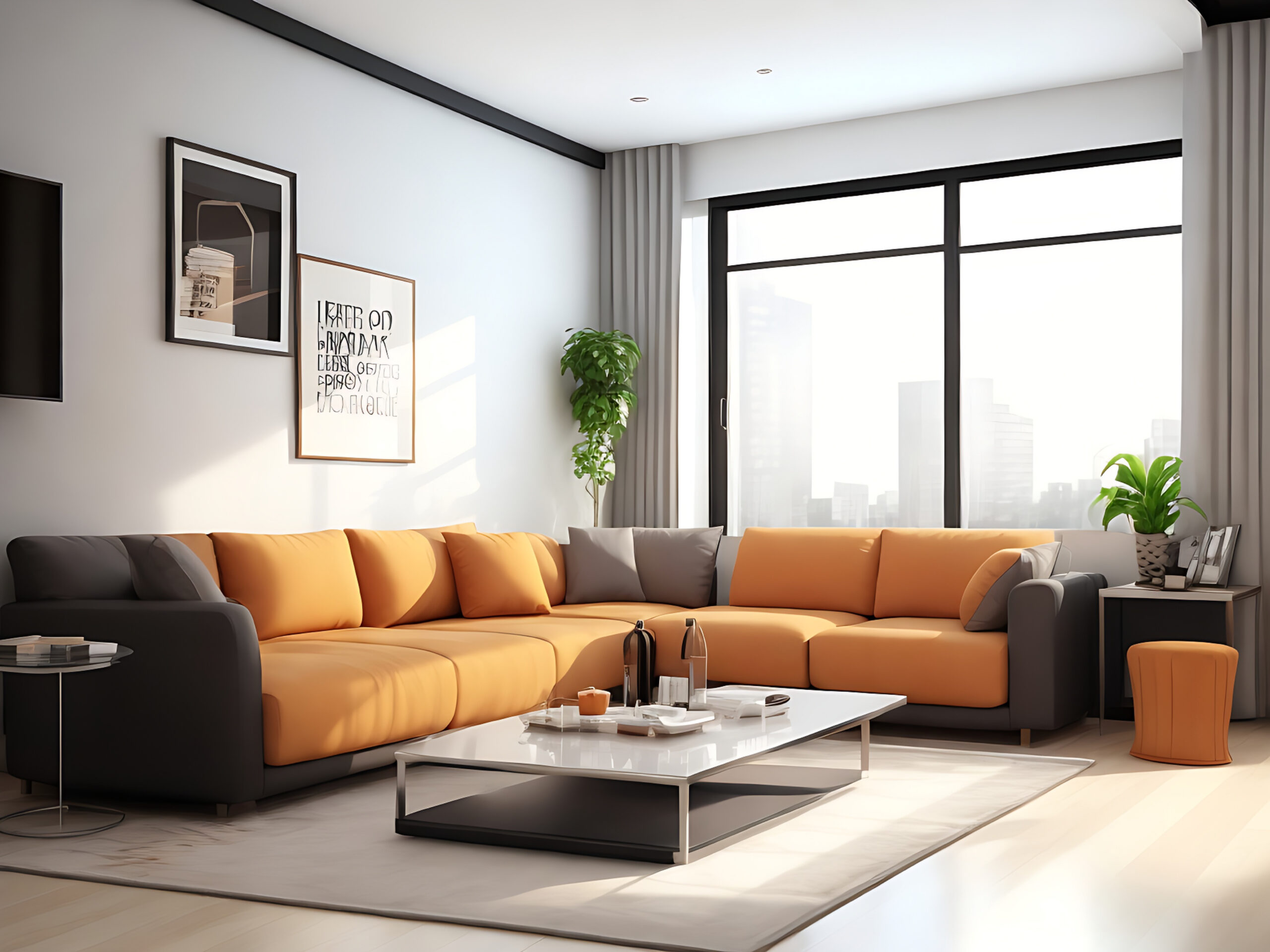 Modern living room with orange sofa and coffee table,